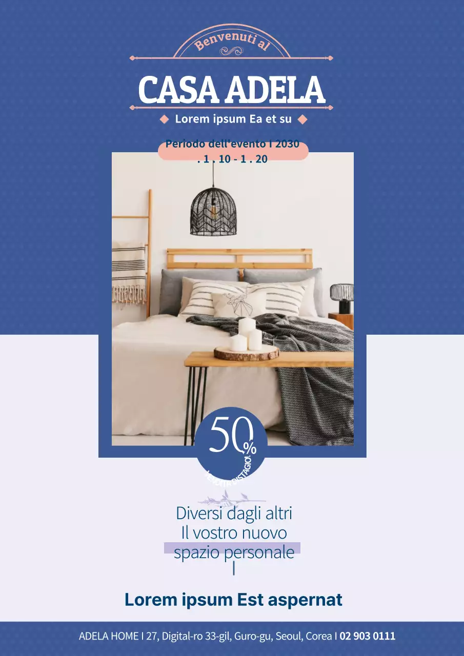 Volantino che promuove un evento di sconti per un marchio di articoli per interni di stile in blu e bianco