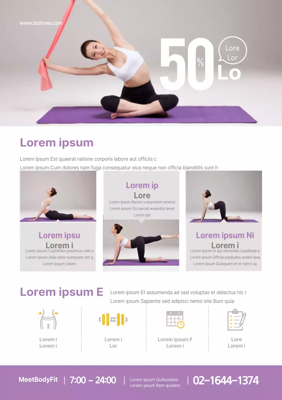 Promouvoir une école de yoga avec la photo d'une femme faisant du yoga en violet.