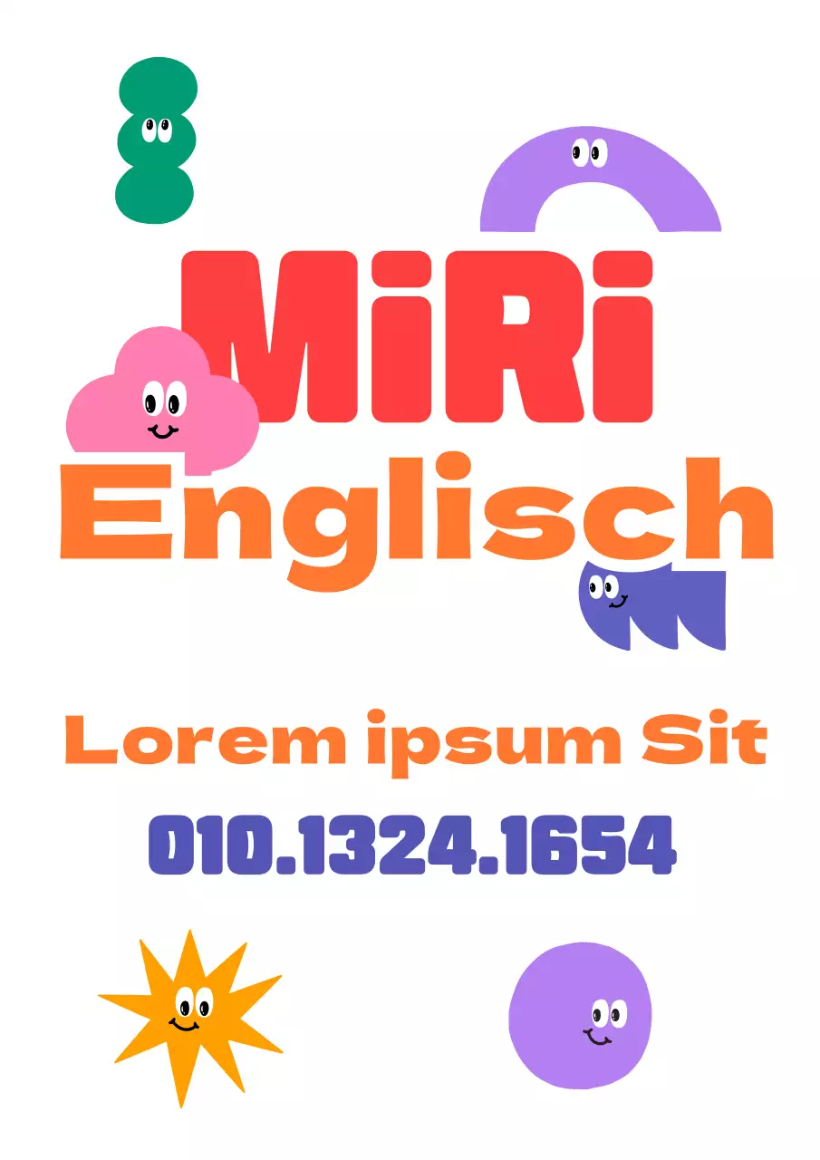 Ein Werbedesign für eine englische Sprachschule mit einer Vielzahl von bunten Figuren.