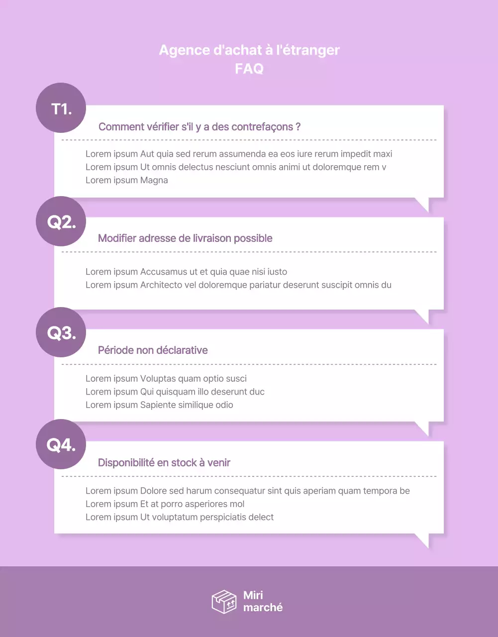 Page détaillée simple sur les achats outre-mer avec des accents violets