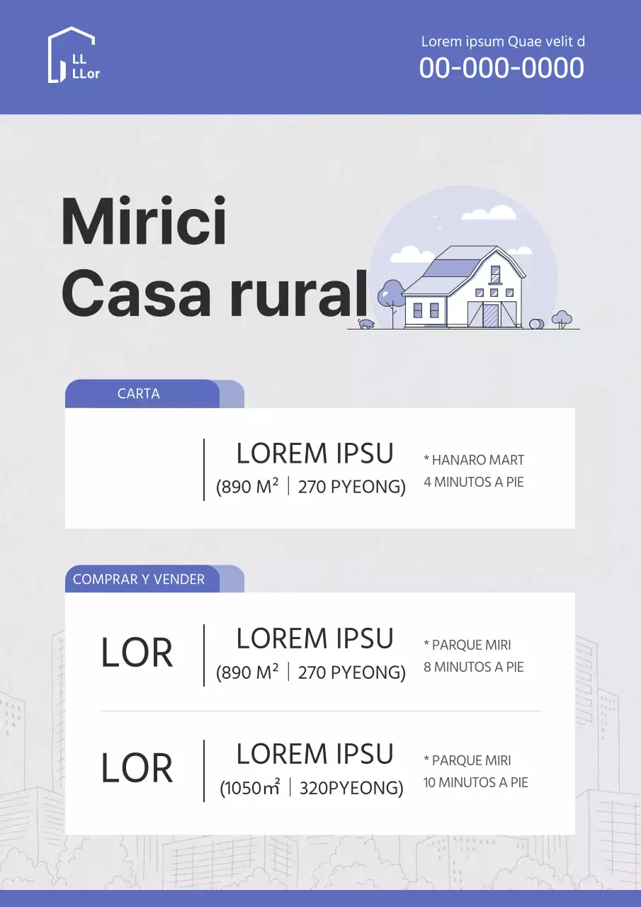 Ilustración sencilla en tonos azules para un documento de listado de transacción inmobiliaria.