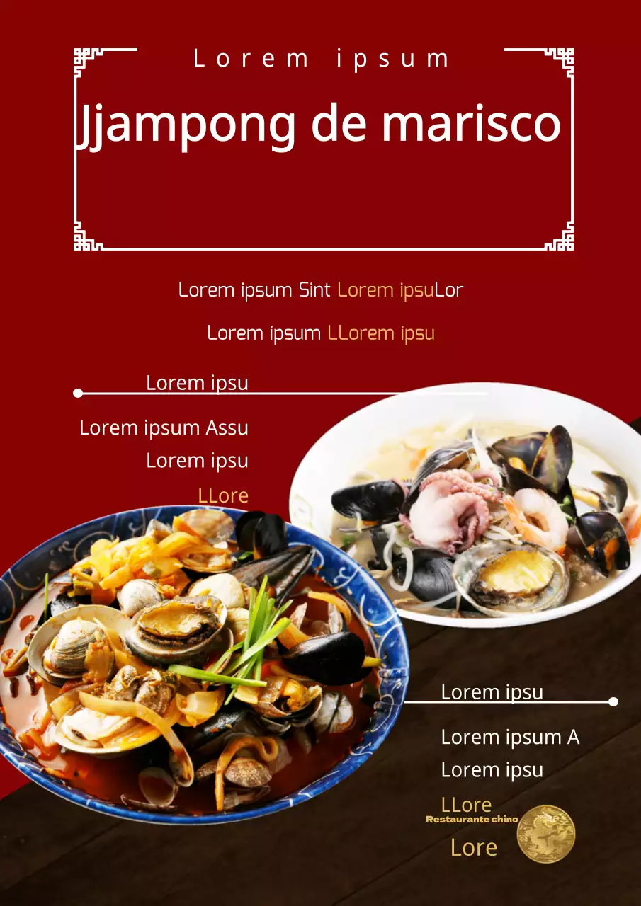 Menú de restaurante de ramen con fotos de comida en rojo y negro