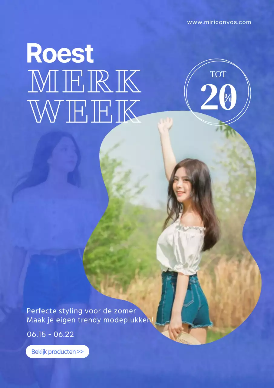 Promotionele flyer voor een chique zomerkledingverkoop in blauw.