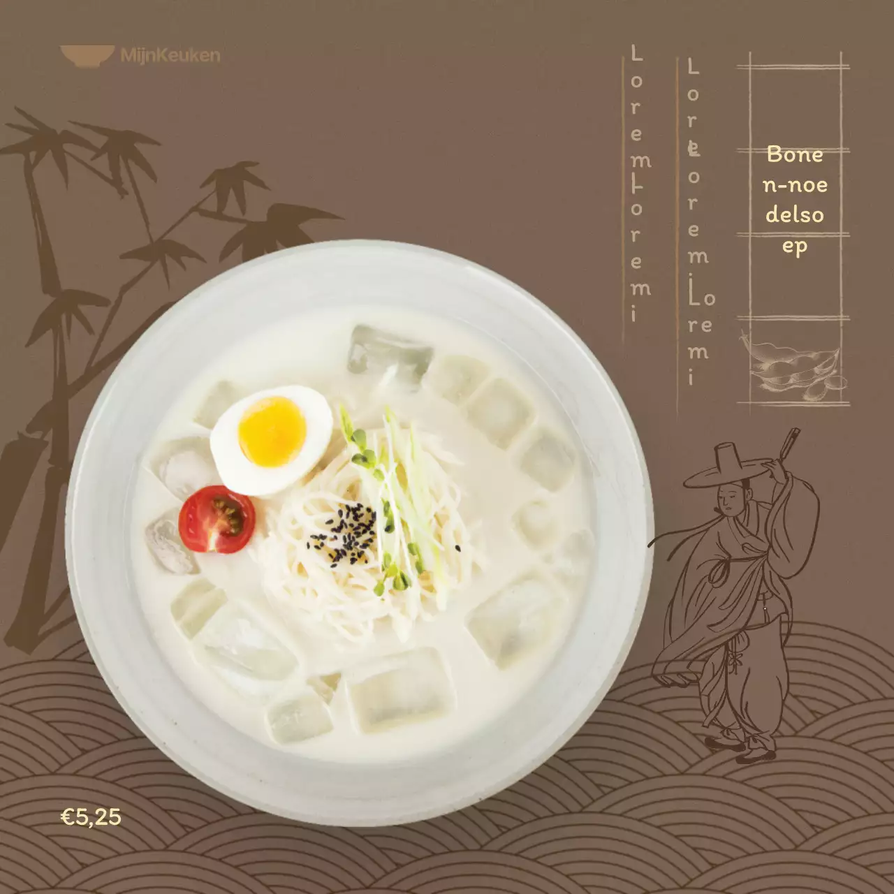  Zomermenu met donkerbruine achtergrond en oosterse illustraties