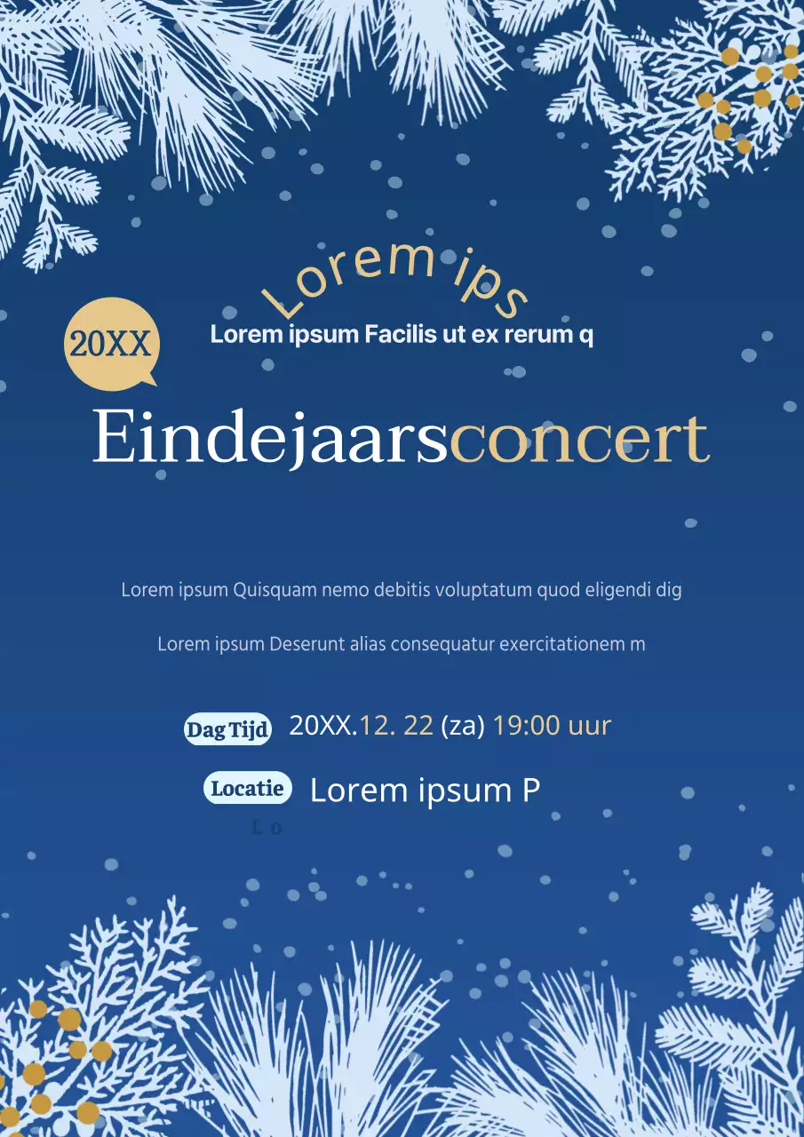 Promoot een kleurrijk nieuwjaarsconcert met een blauwe boomillustratie