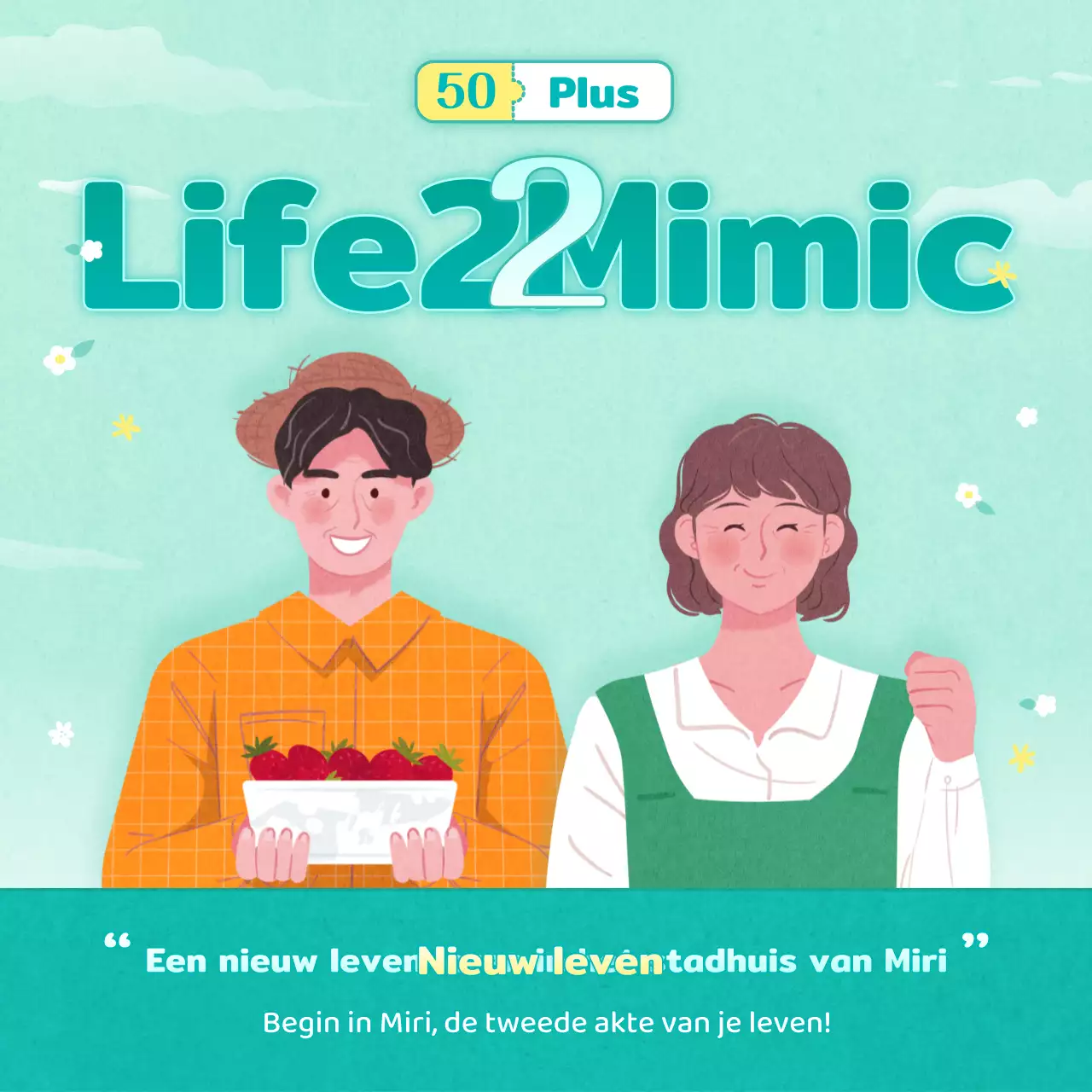 Een mintkleurige, strak geïllustreerde 50+ life mock-up met een eigen stijl