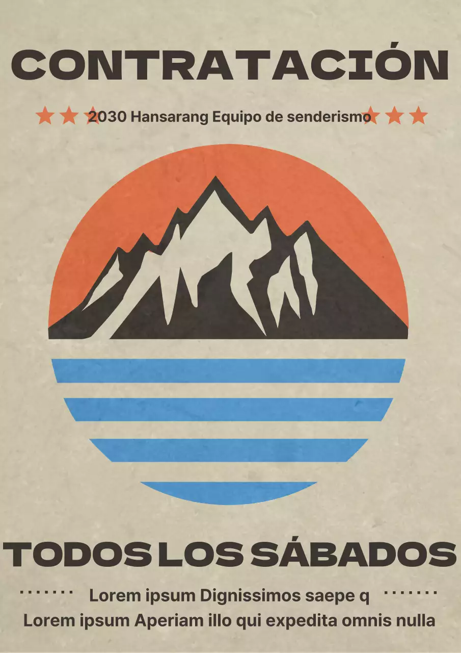 Anuncio vintage de reclutamiento de la sociedad de alpinismo en naranja y azul claro