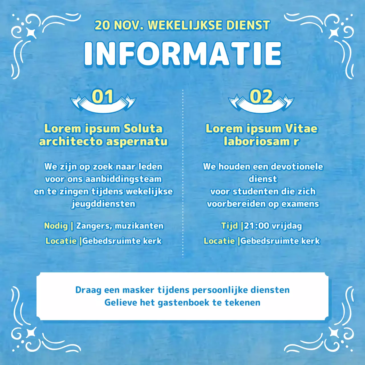 Aanbiddingsbulletin in lichtblauwe tinten met christelijke illustraties