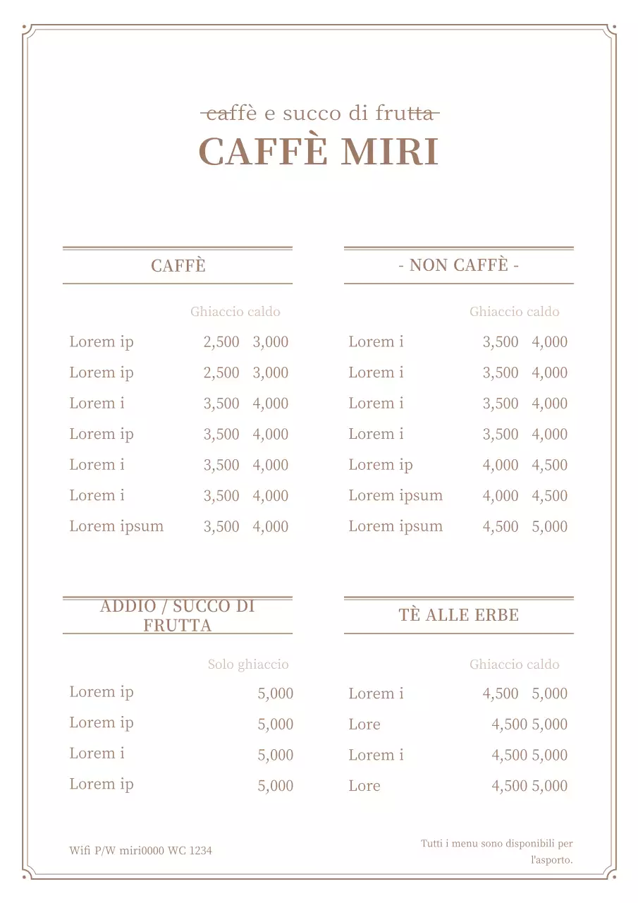 Semplice poster del menu del caffè in bianco e marrone