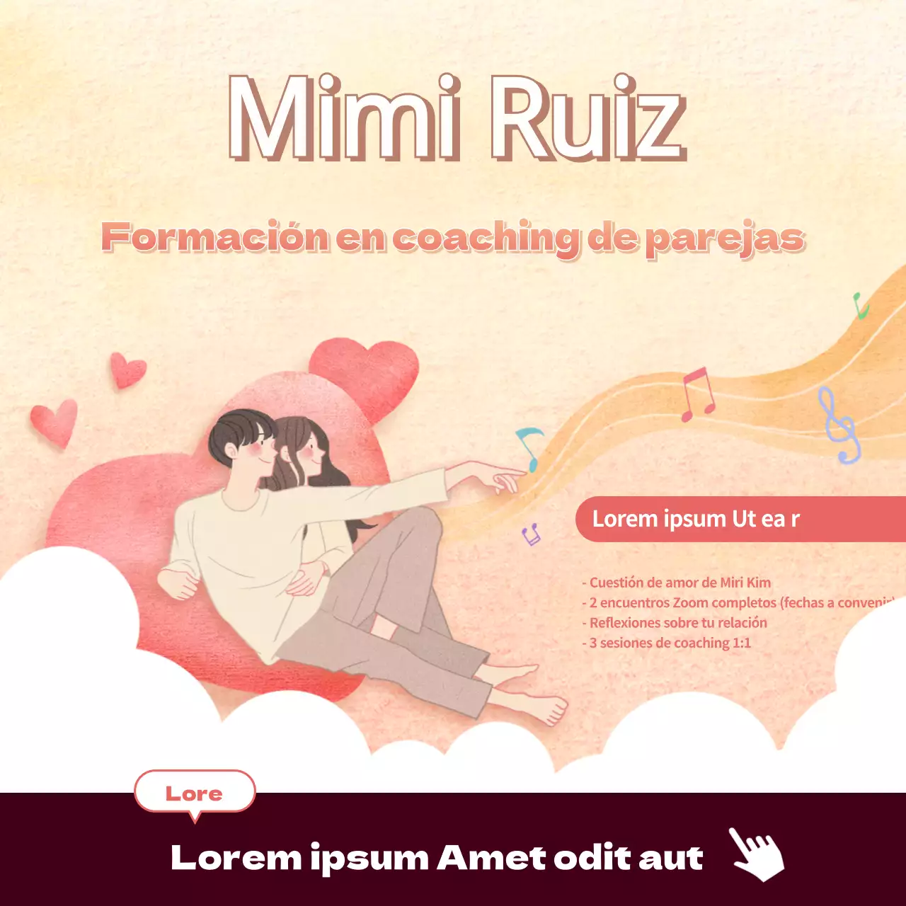 Cálida formación de coaching en pareja en amarillo y rosa (cuadrados de redes sociales)