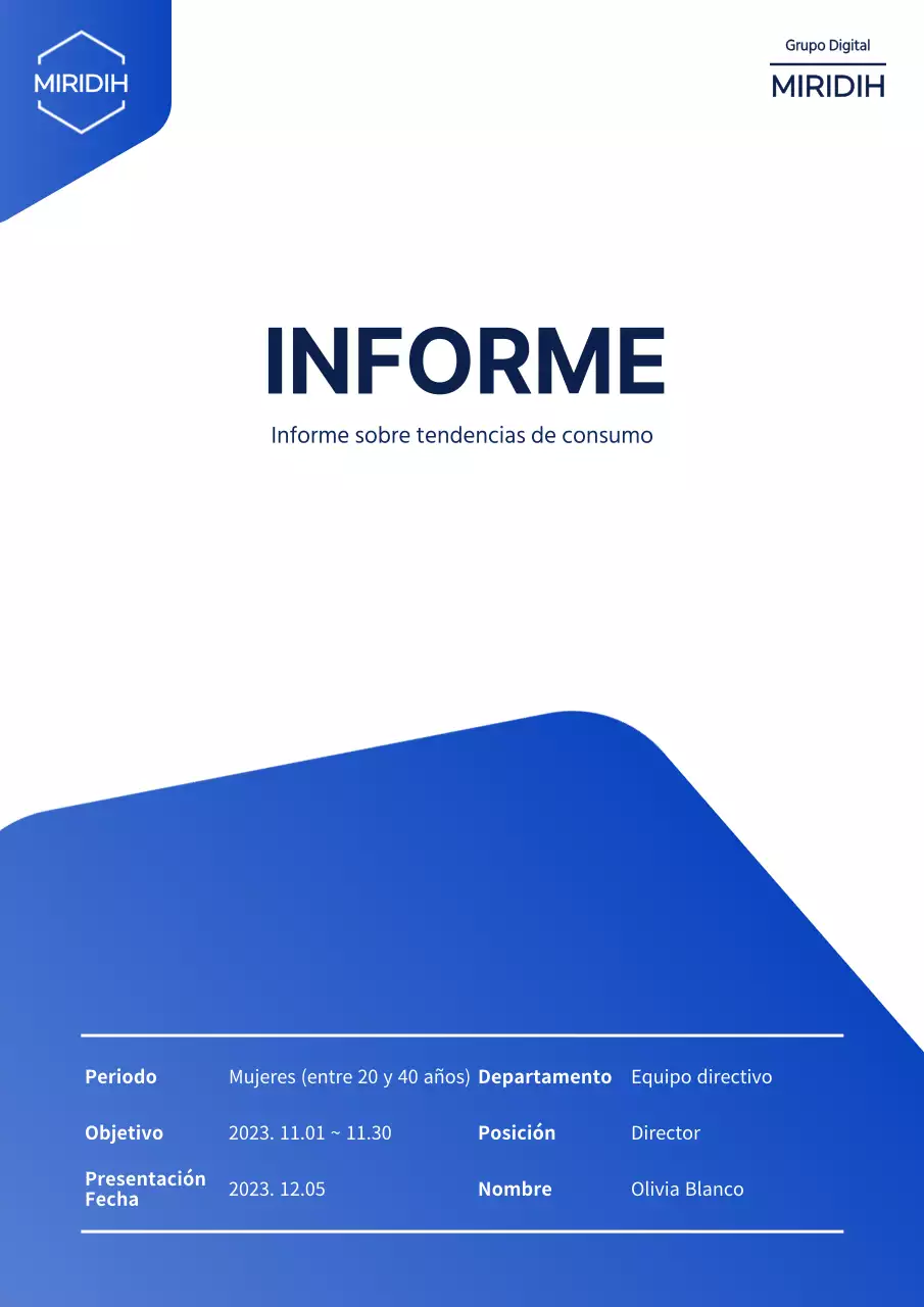 Formulario de informe de investigación de empresa con hexágono azul degradado