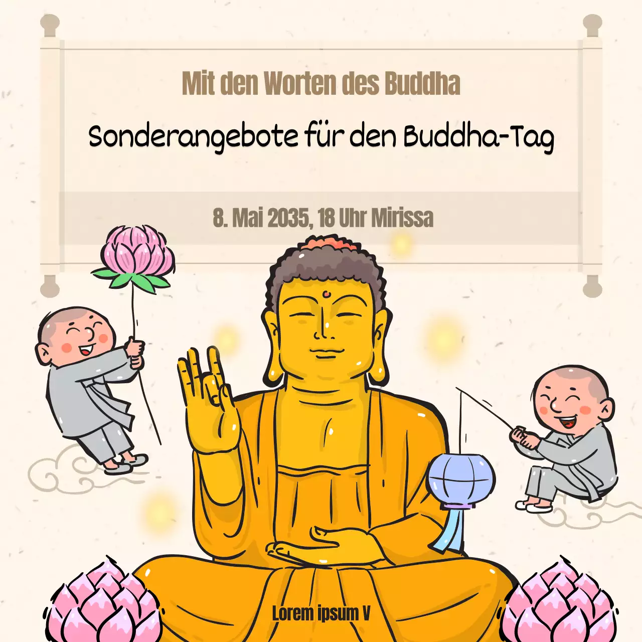 Eine Sammlung von buddhistischen Illustrationen in Beige.