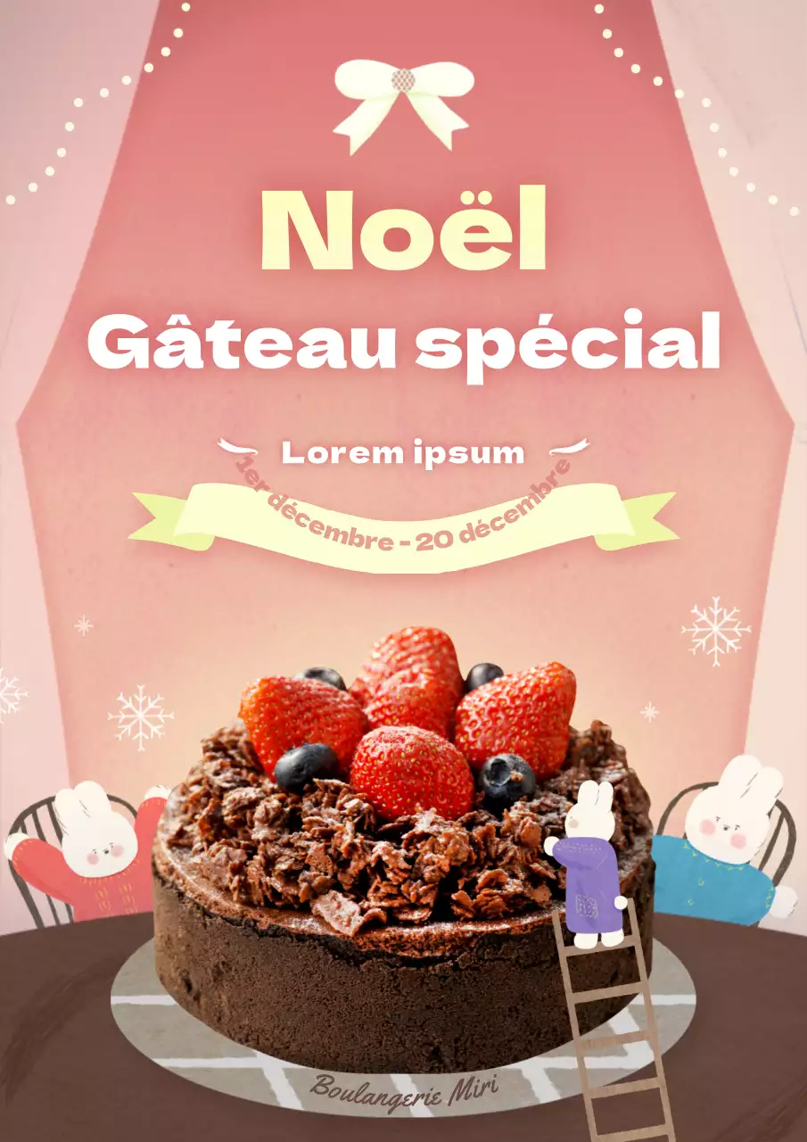 Réservez un gâteau de Noël avec de jolies illustrations de lapins dans des tons gris, bleus et roses.