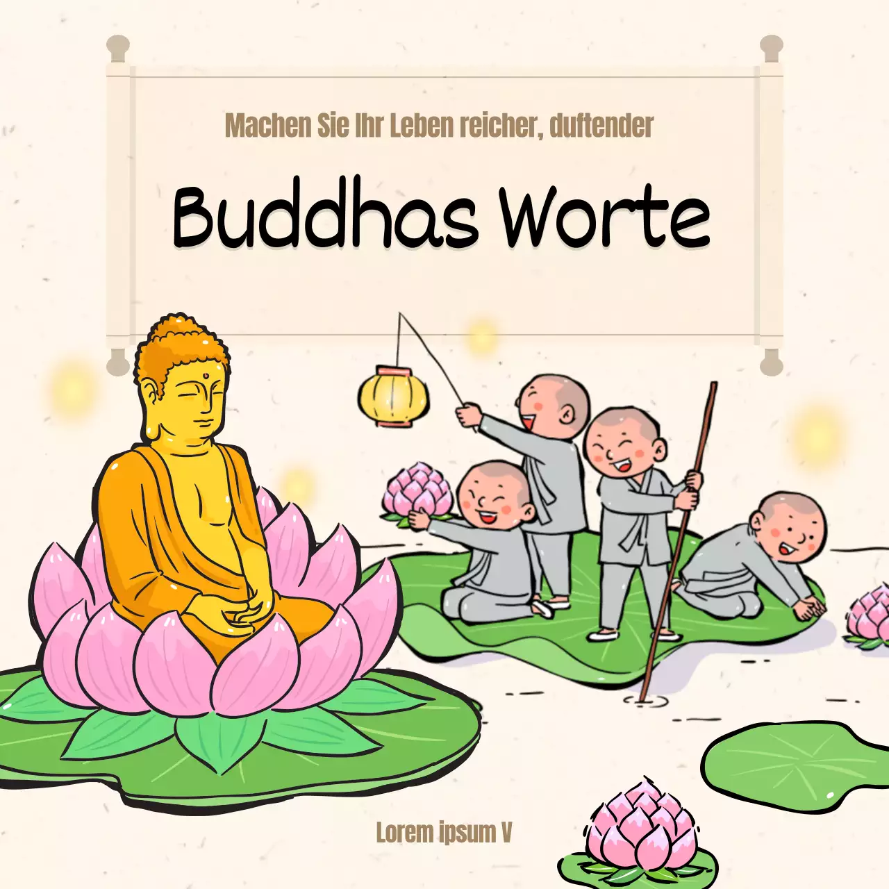 Eine Sammlung von buddhistischen Illustrationen in Beige.