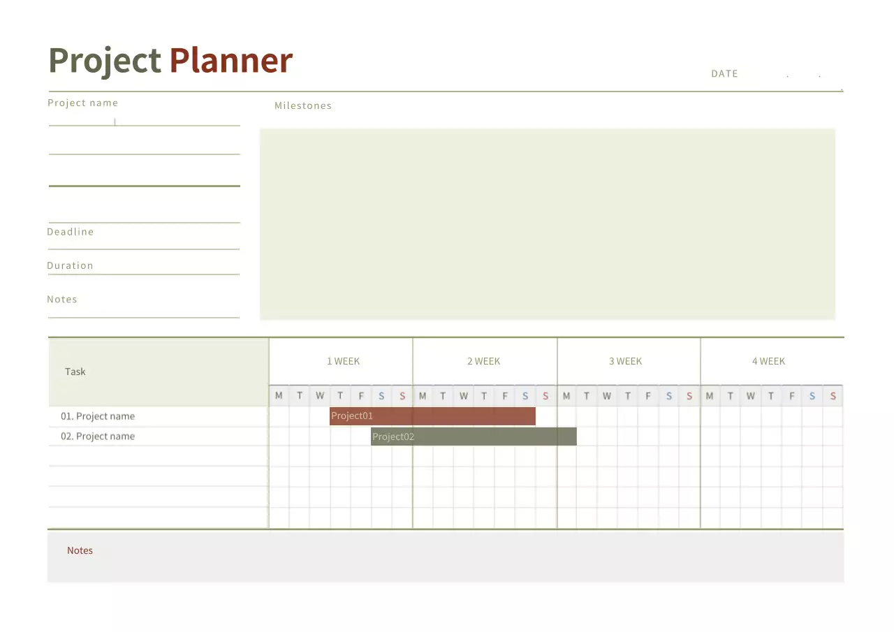 茶色と緑のシンプルなプロジェクトプランナーデジタルノートブック