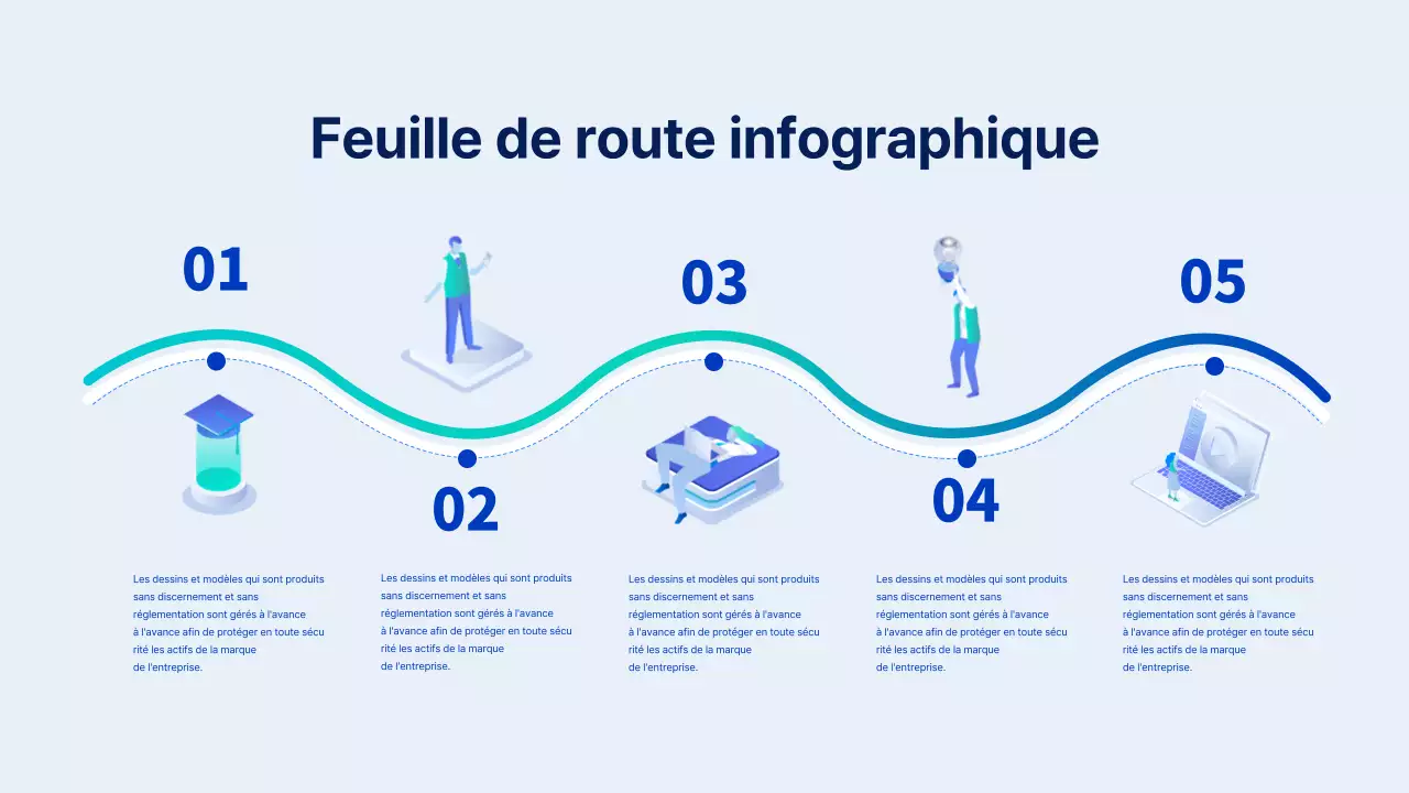 Feuille de route infographique avec des illustrations commerciales bleues et bleues claires Feuille de route infographique avec des illustrations commerciales bleues et bleues claires