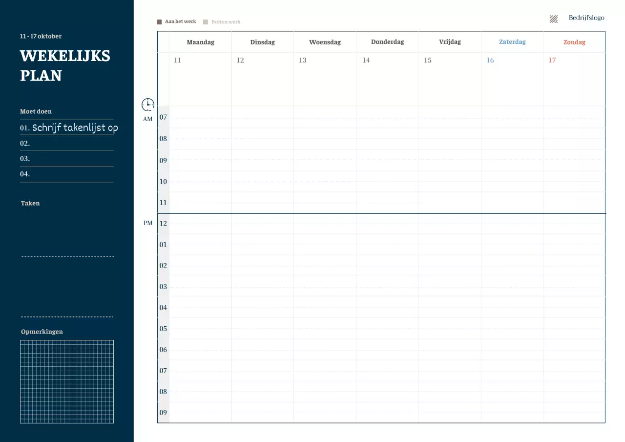 Eenvoudige digitale weekagenda in marineblauwe zakelijke stijl