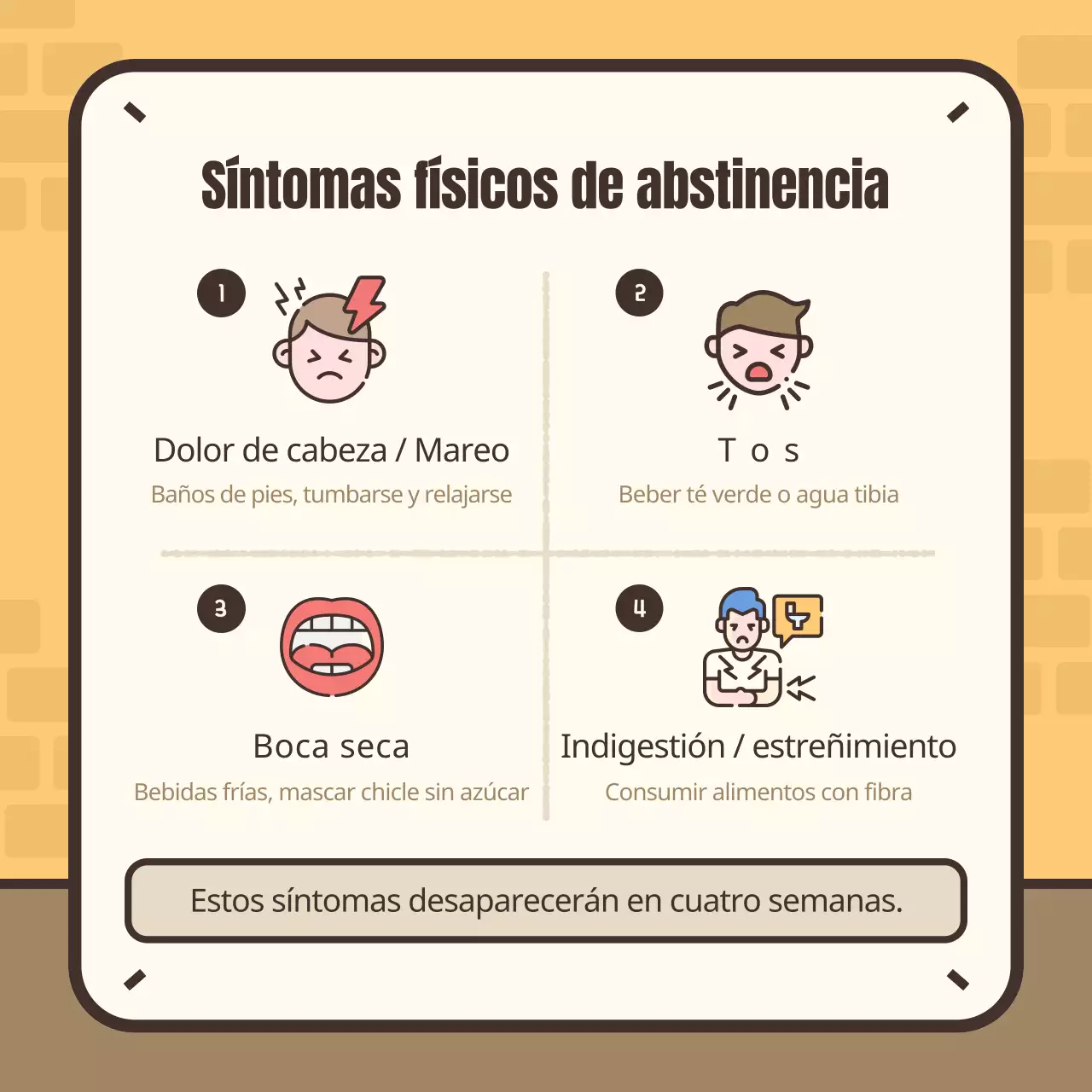 Simpática ilustración amarilla y marrón de los síntomas de abstinencia del tabaco