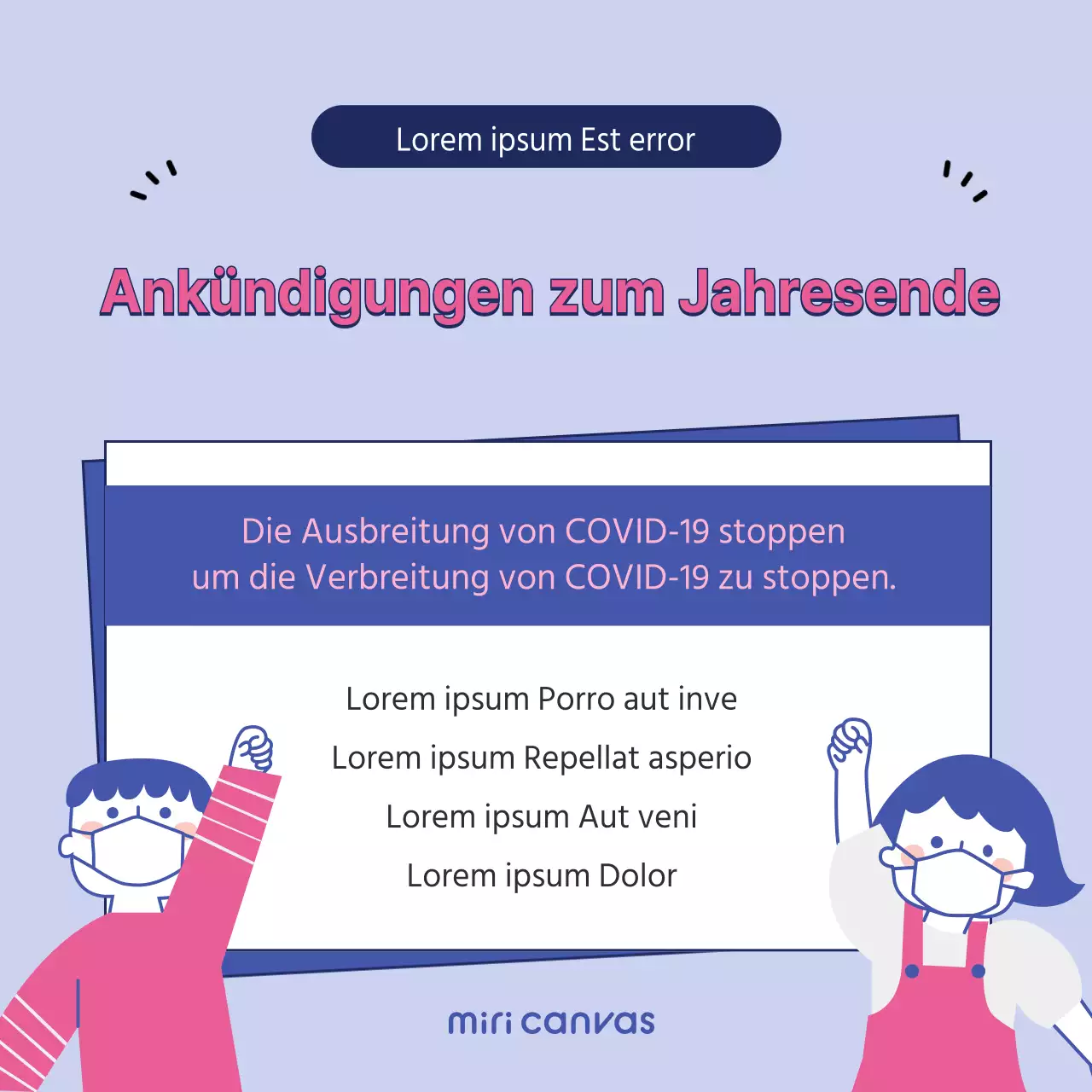 Blaue und rosafarbene Corona-Führungsquadrate für die sozialen Medien zum Jahresende