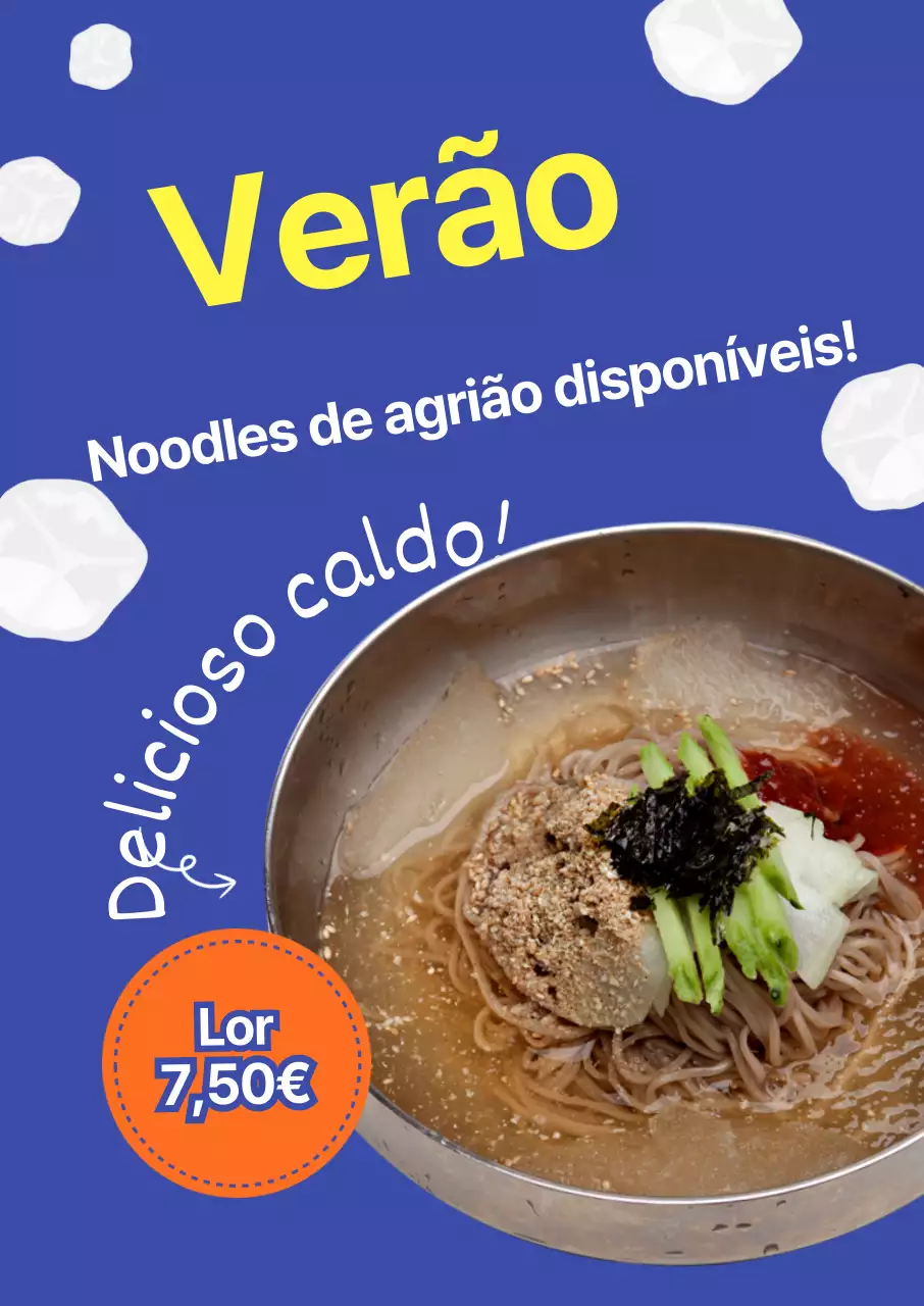 Evento de lançamento de soba de trigo mourisco com fundo azul