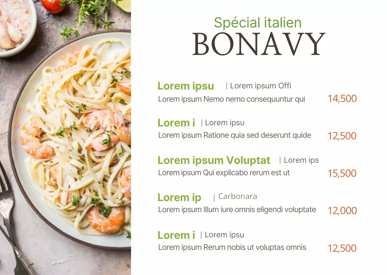 Photographie simple menu italien feuille transparente pour restaurant