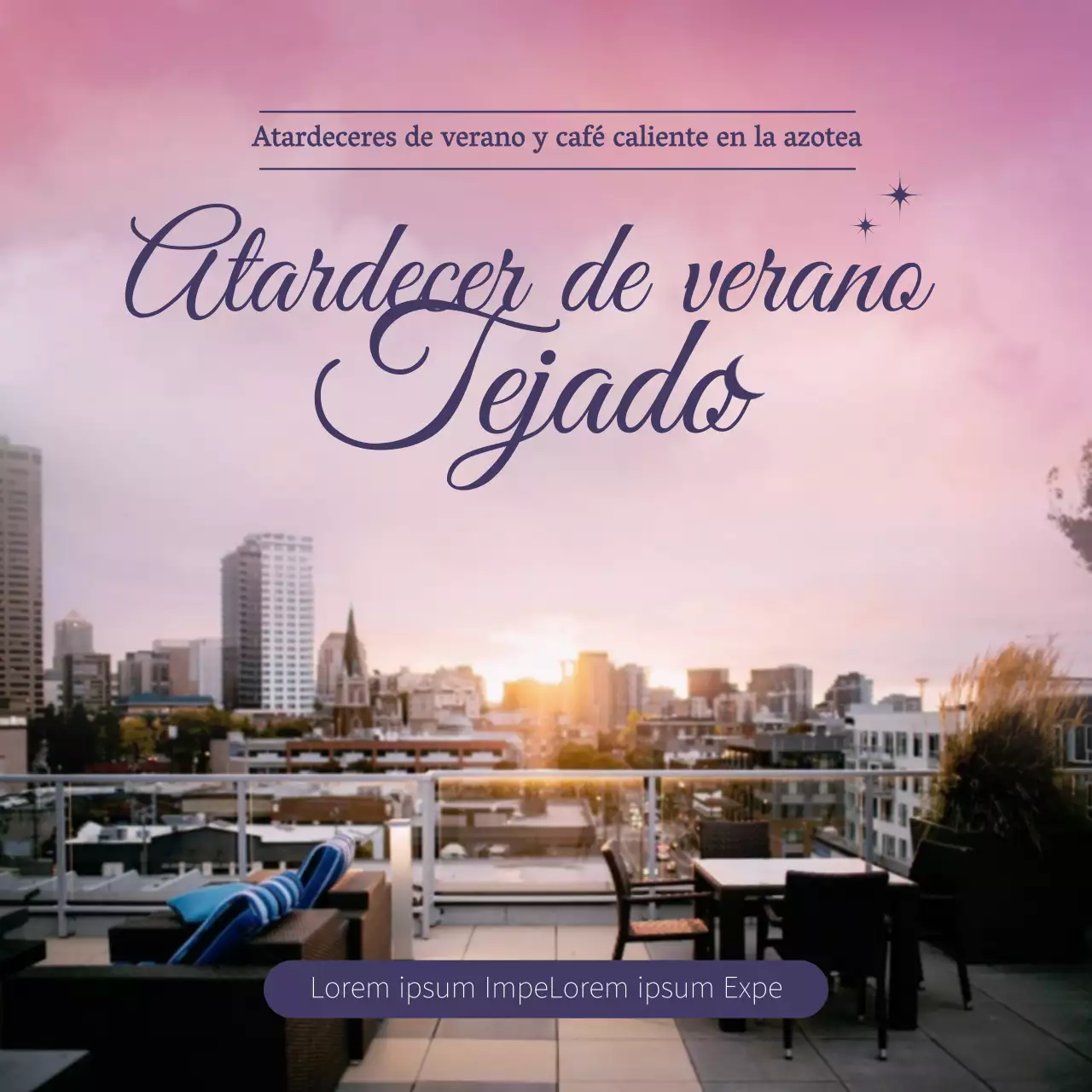 Evento de descuento en el café de la azotea con el fondo de la foto emoji de la puesta del sol púrpura del verano