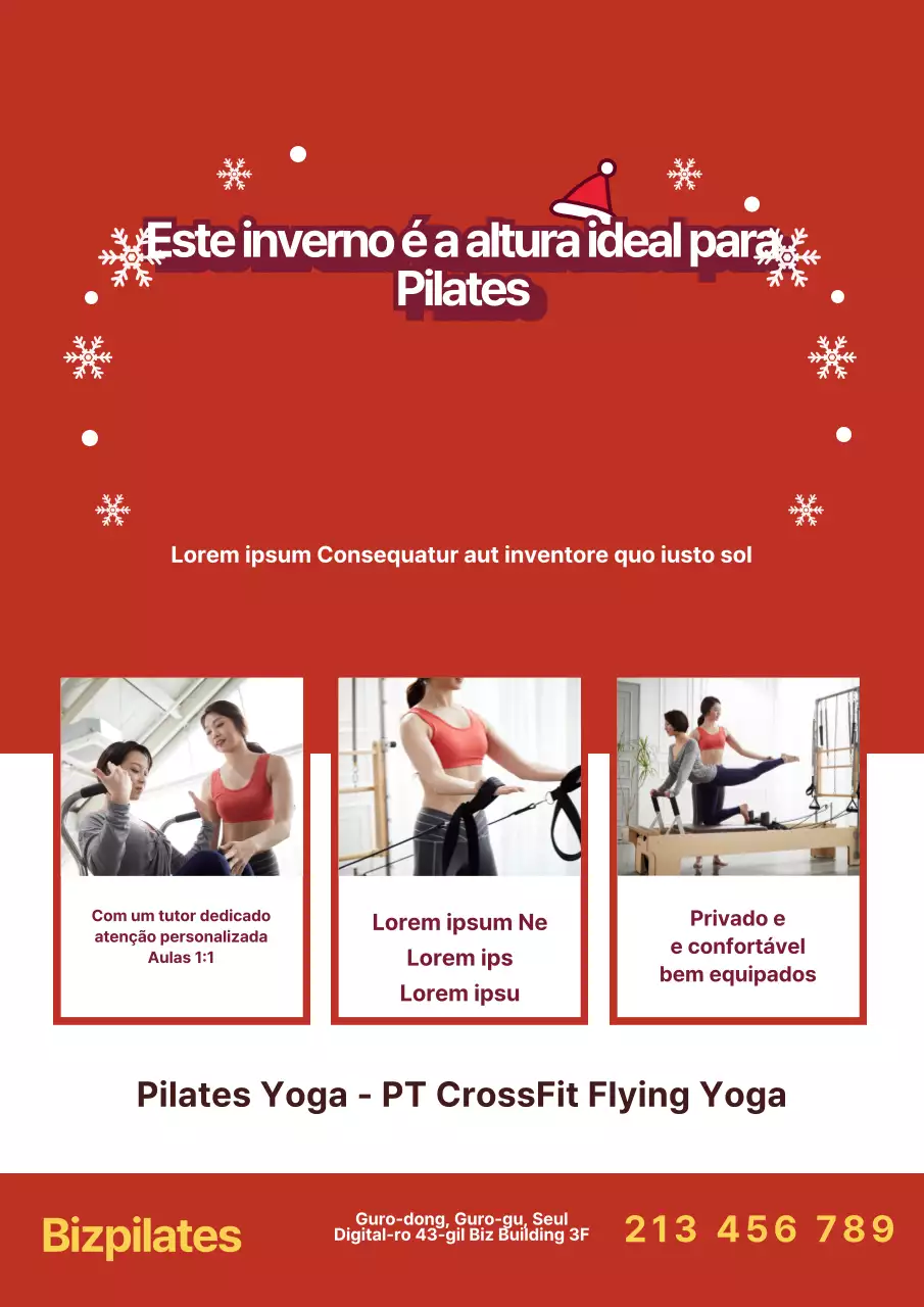 Promoção de uma escola de Pilates num conceito de inverno com uma fotografia de uma aula de Pilates a vermelho.