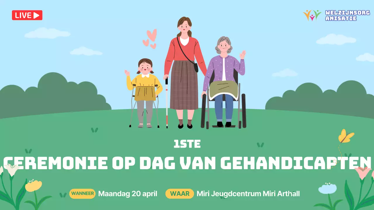 Gehandicaptendagceremonie met een groene en blauwe natuurlijke achtergrond