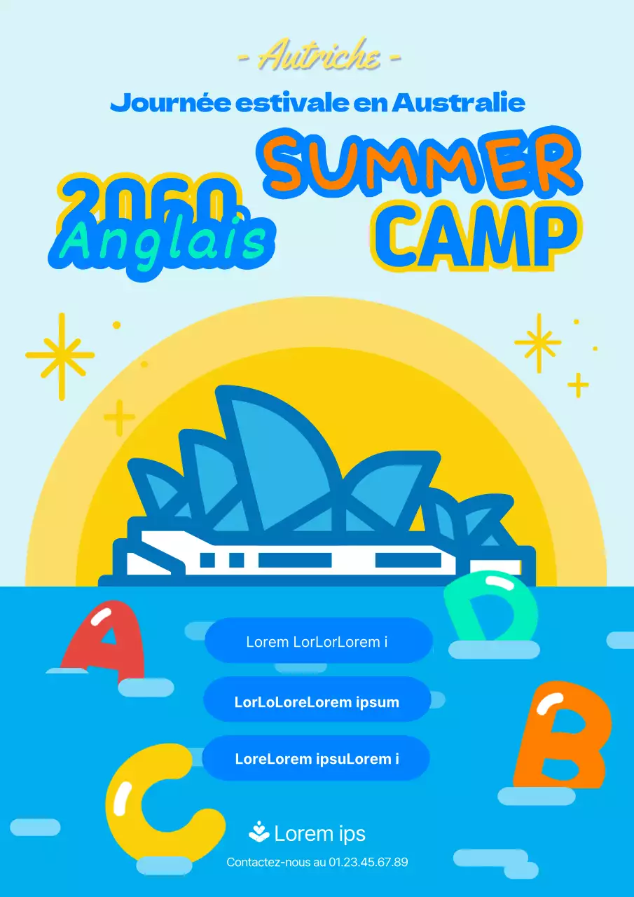 Affiche de camp anglais avec une jolie illustration bleue et jaune de l'Australie