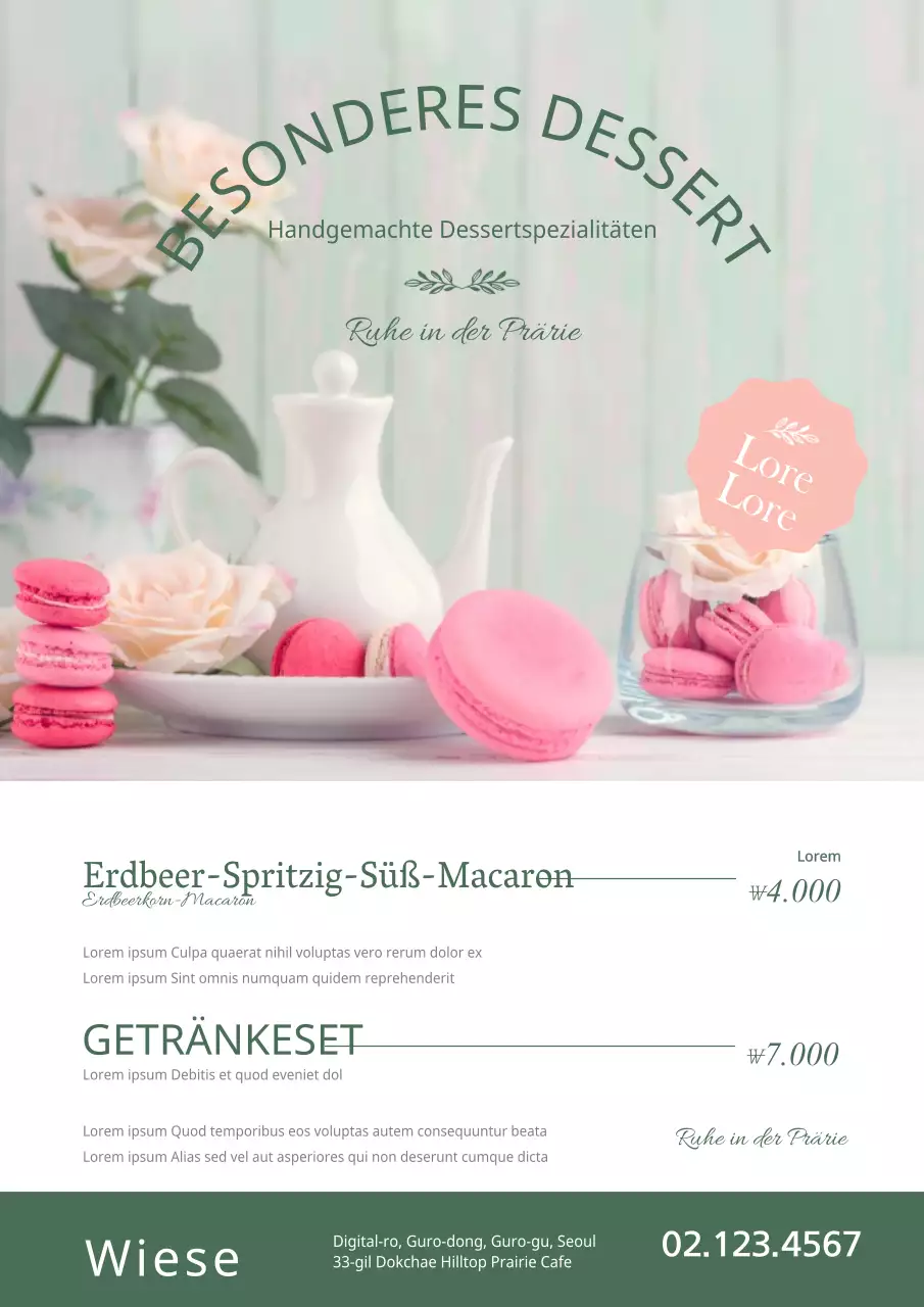 Bewerben Sie ein Dessert-Shop-Menü mit Fotos von dekadenten Desserts in grünen und rosa Farben