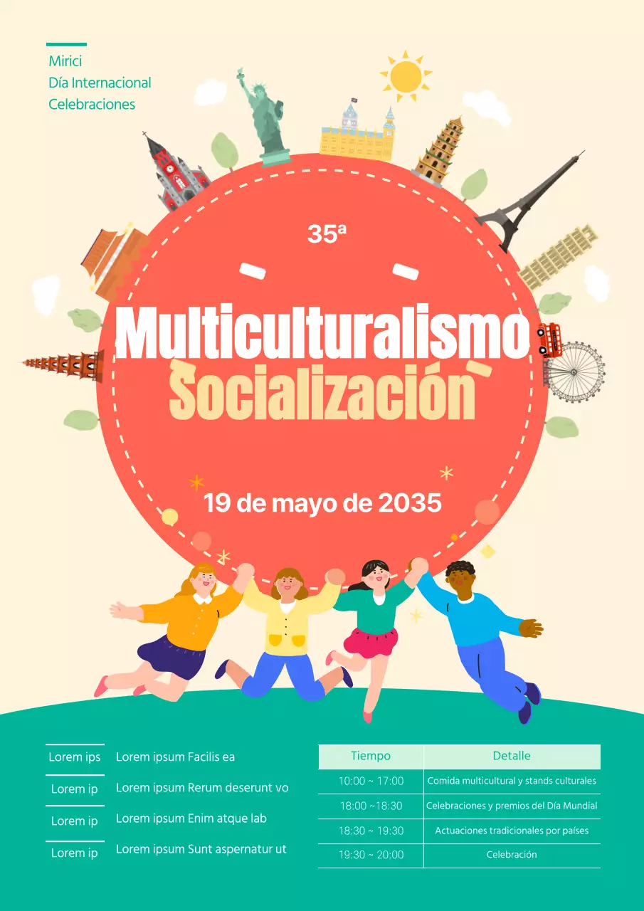 Guía de actos multiculturales del Día Mundial en colores coral y menta