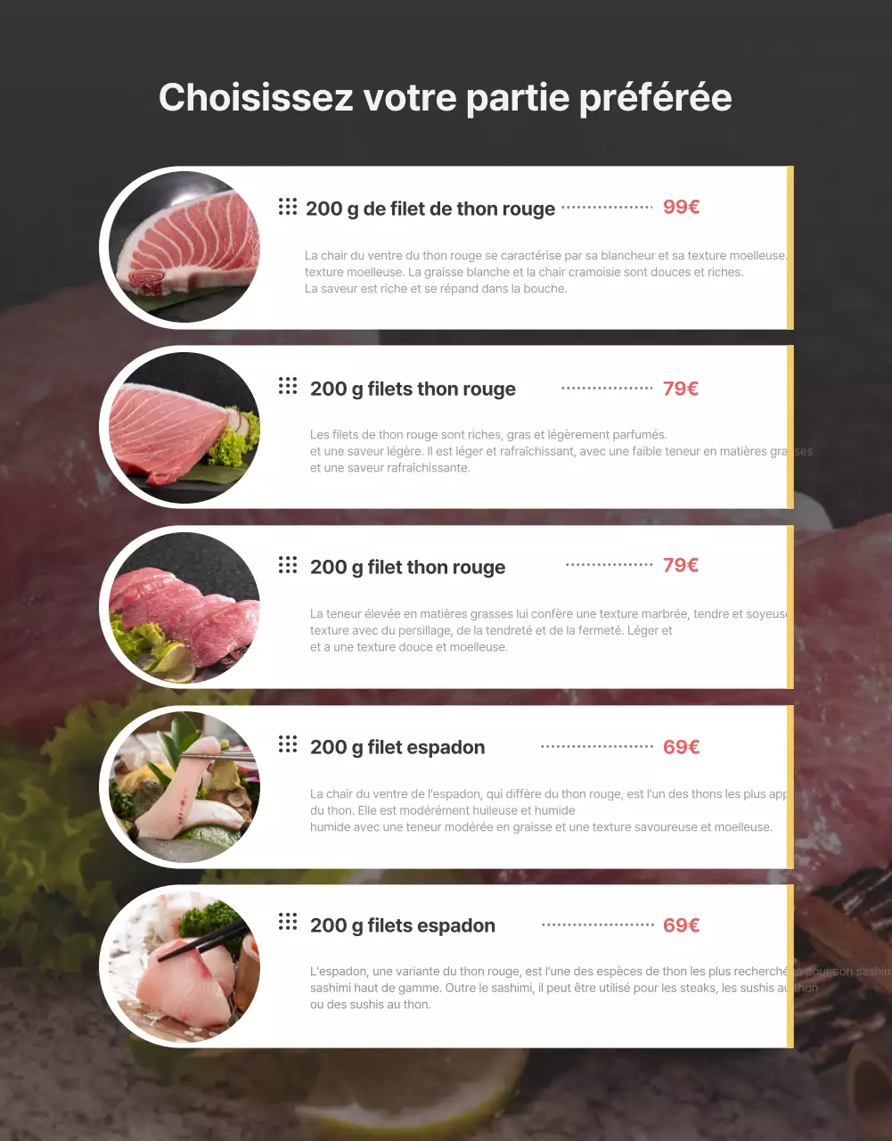 Page de détail pour la vente de thon de qualité supérieure dans des couleurs sombres