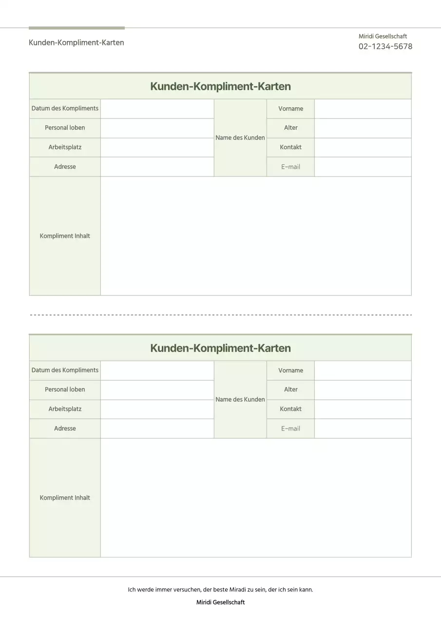 Eine einfache Dokumentationsvorlage für eine grüne Kundenkomplimentkarte