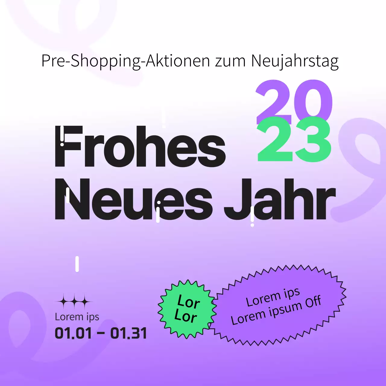 Frohes neues Jahr 2023 Anzeige in lila und fluoreszierendem Chartreuse