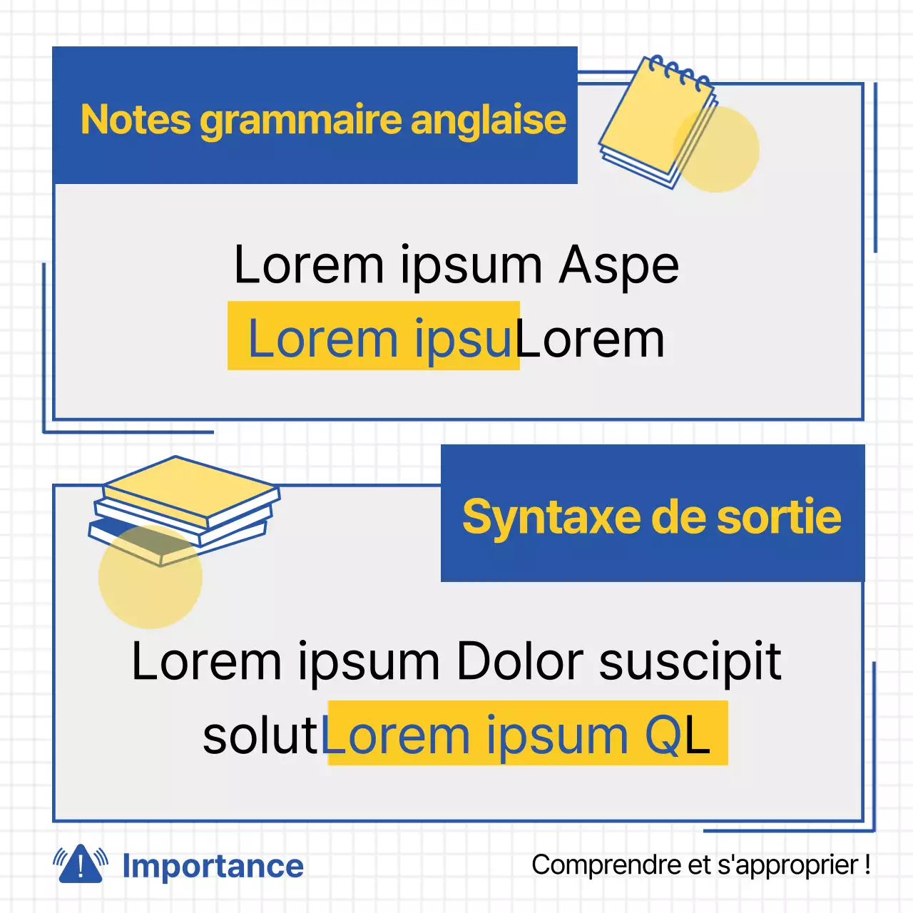 Illustration simple en jaune et bleu pour promouvoir l'apprentissage de l'anglais