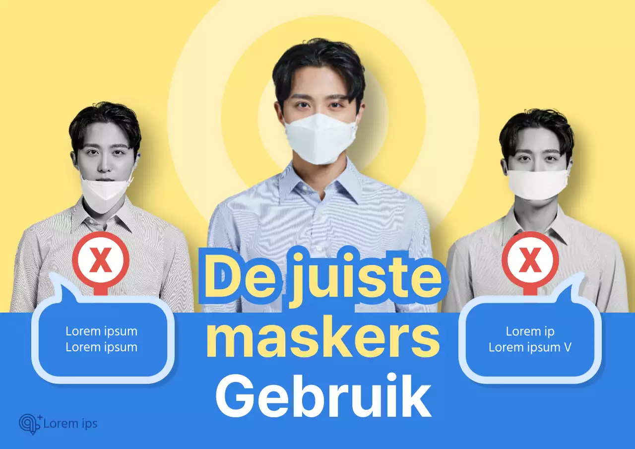 COVID-19 poster voor correcte maskerdrager met menselijke afbeelding op geelblauwe achtergrond