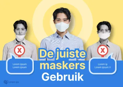 COVID-19 poster voor correcte maskerdrager met menselijke afbeelding op geelblauwe achtergrond