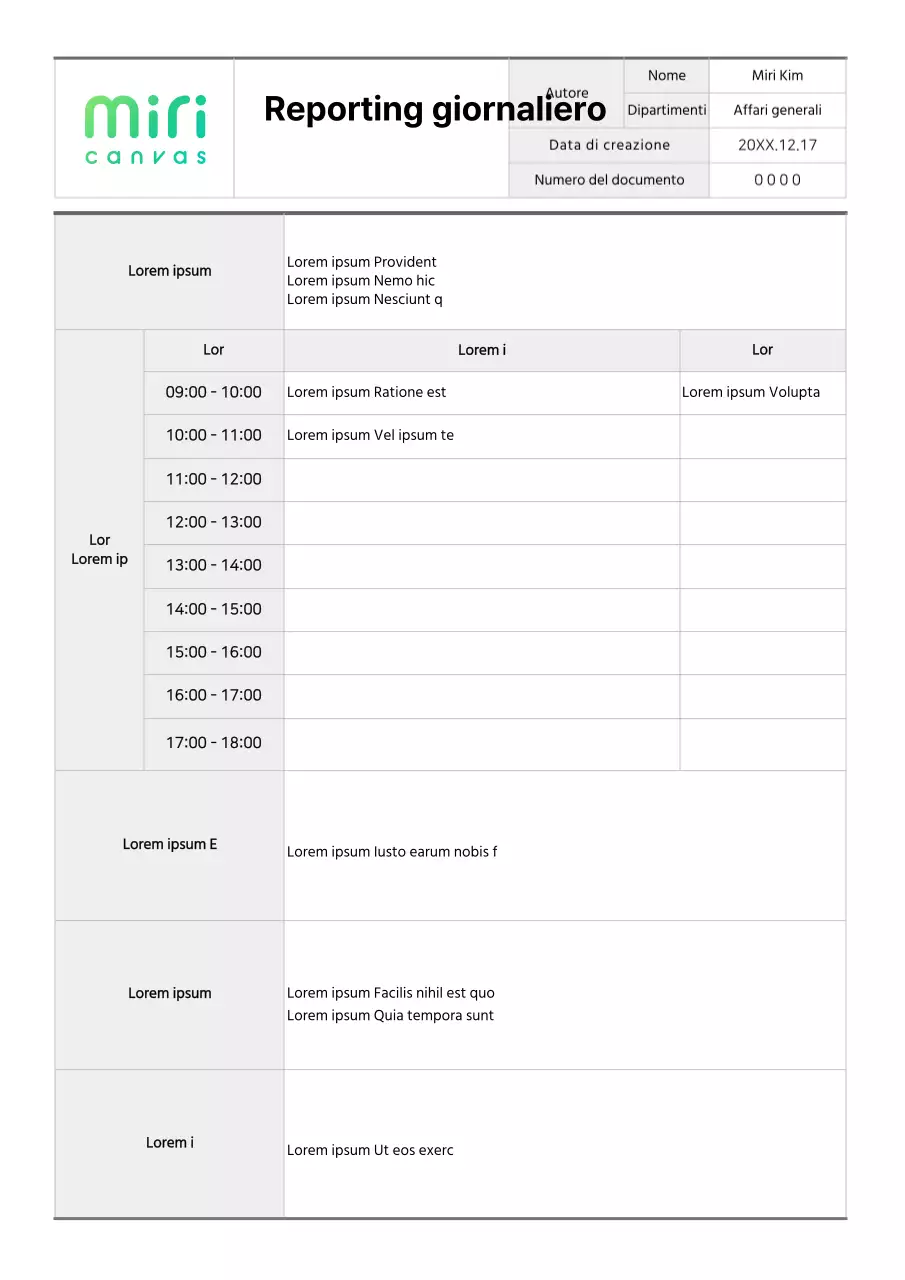 Formattazione di base del documento di reportistica giornaliera