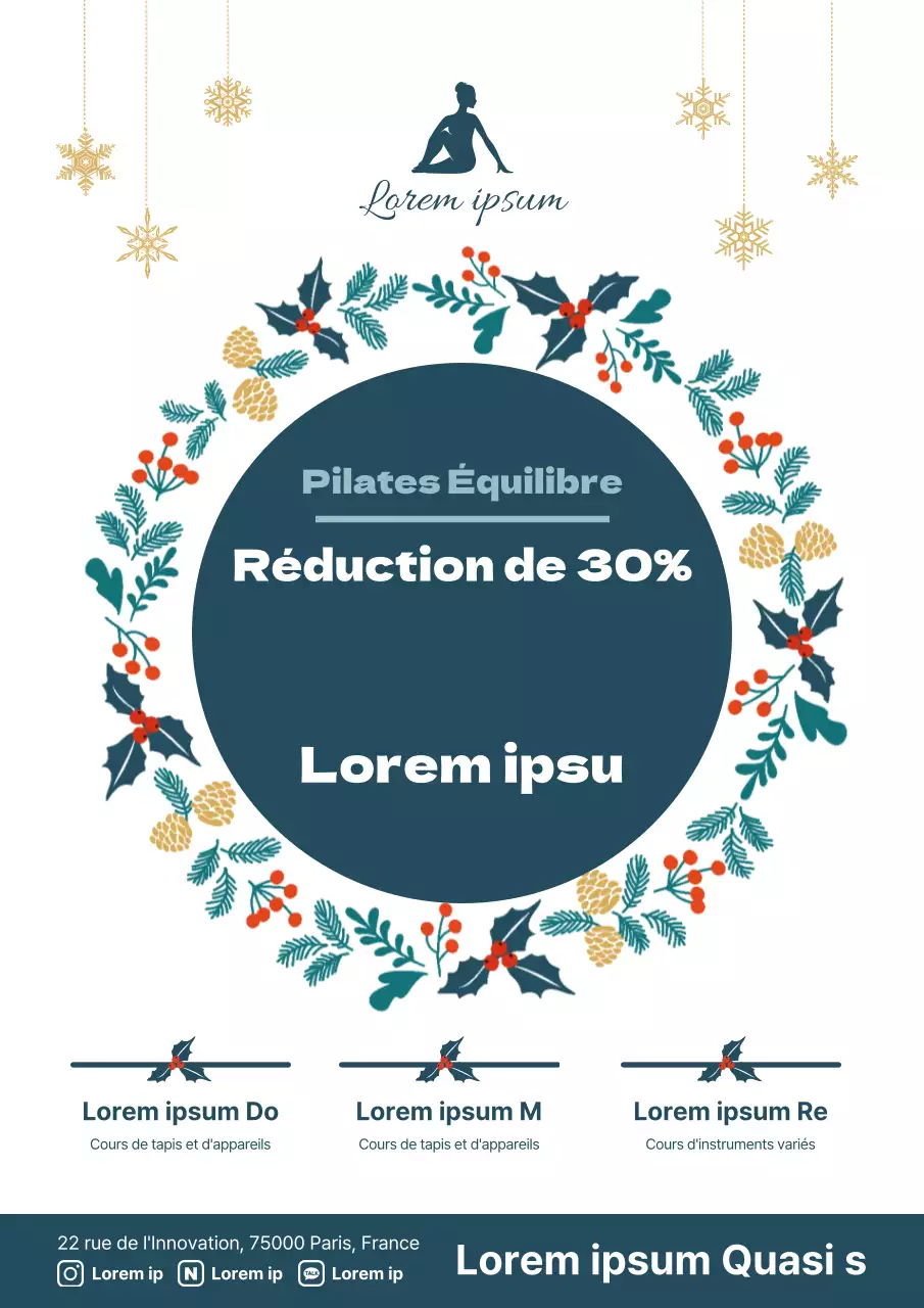 Flyer promotionnel pour un événement de Noël d'un studio de Pilates en vert et blanc