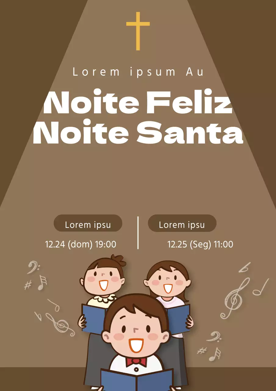 Guia de serviço de ação de graças de Natal com ilustração de pessoas a cantar em castanho