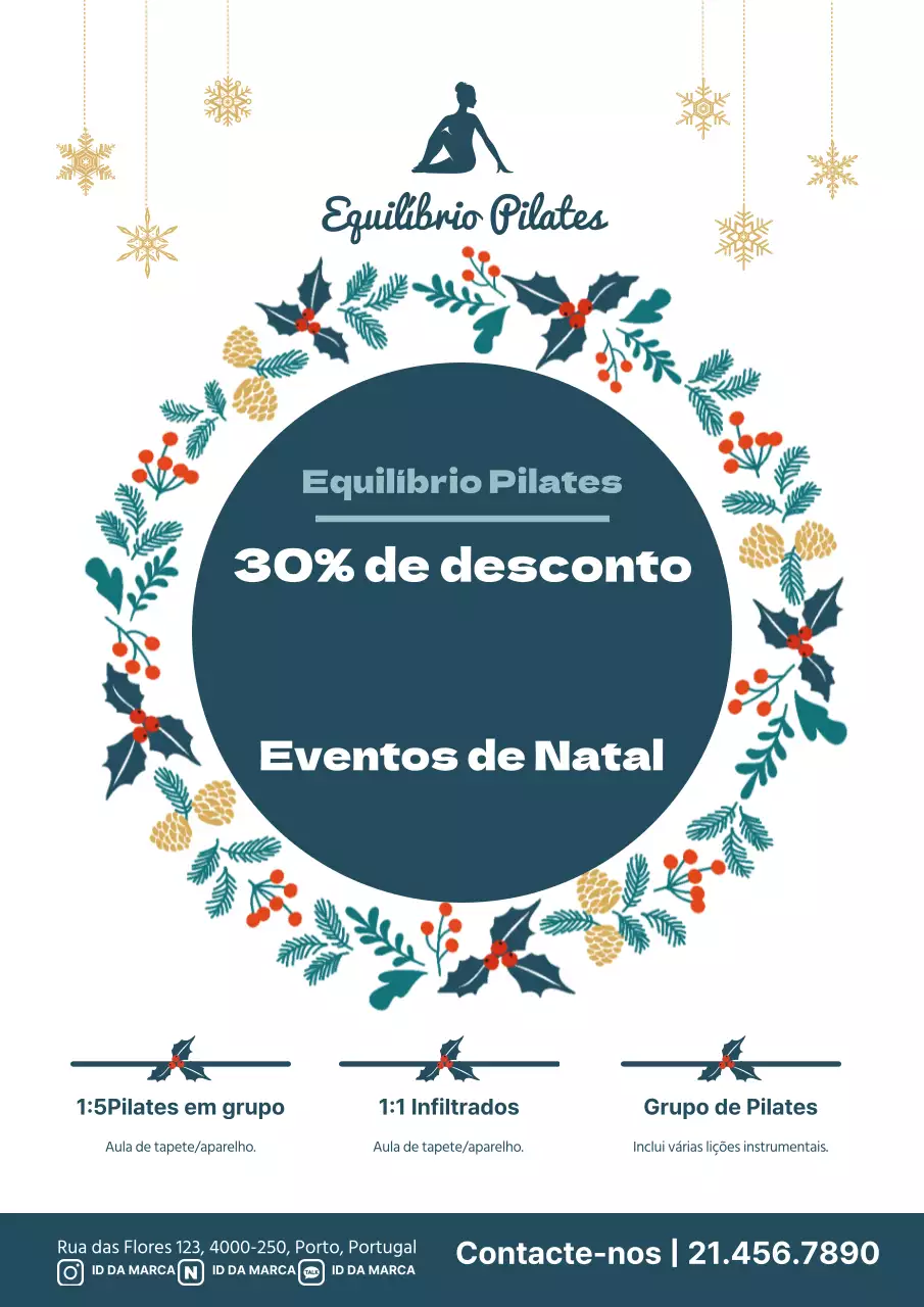 Folheto promocional de Natal do estúdio de Pilates em verde e branco