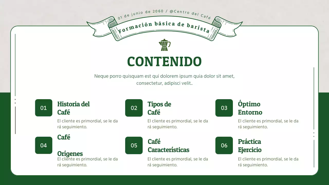 Formación de baristas con ilustraciones verdes en 3D