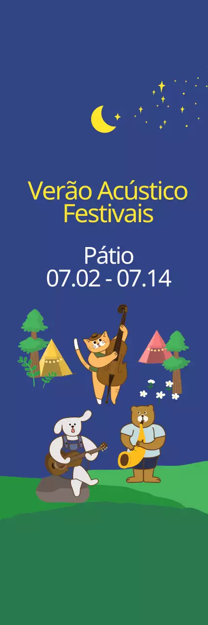 Ilustração gira em azul-marinho escuro e amarelo para informação e promoção de festivais acústicos de verão