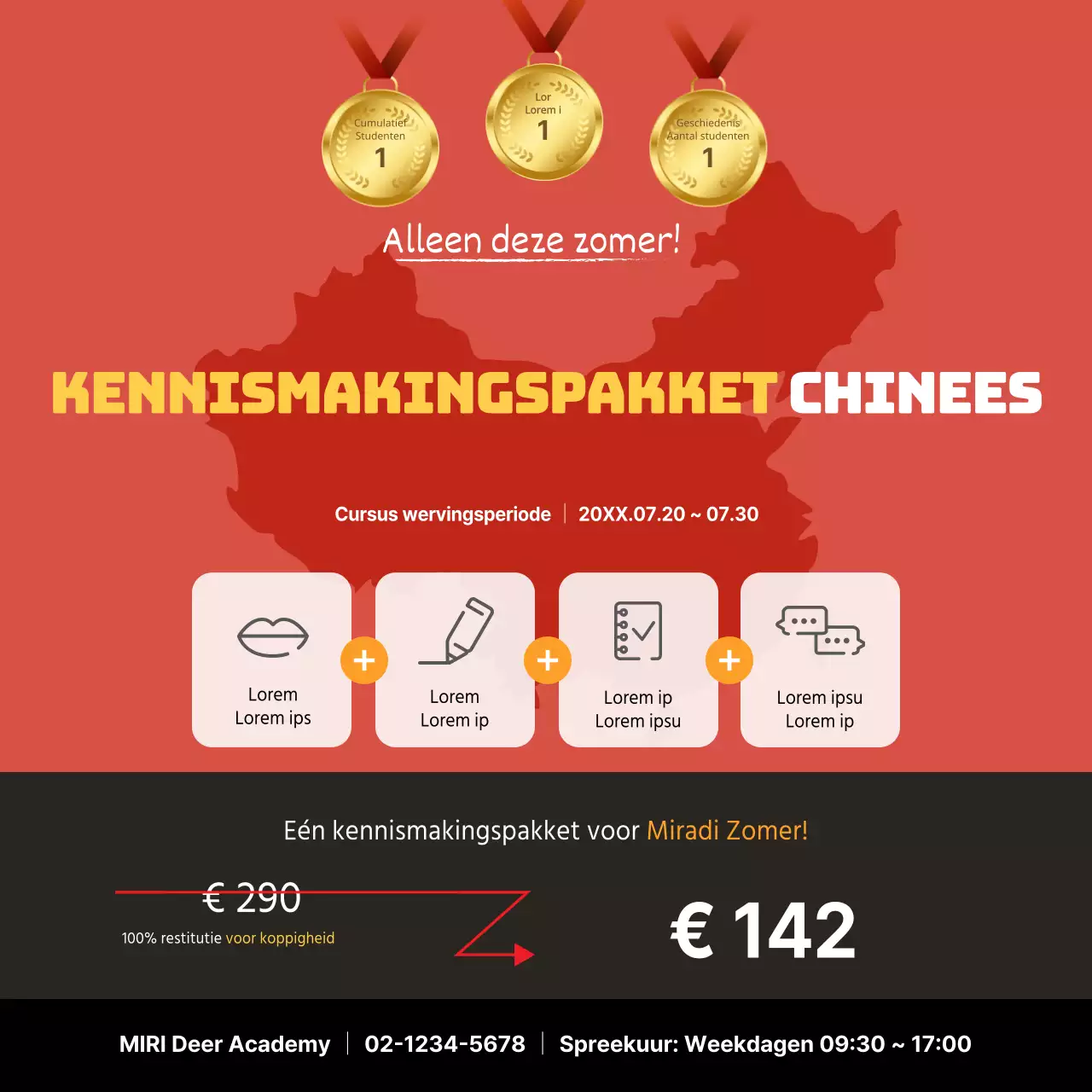 Vierkante banner voor een school ter promotie van een inleidend pakket Chinese conversatie met een kaartillustratie in rood.