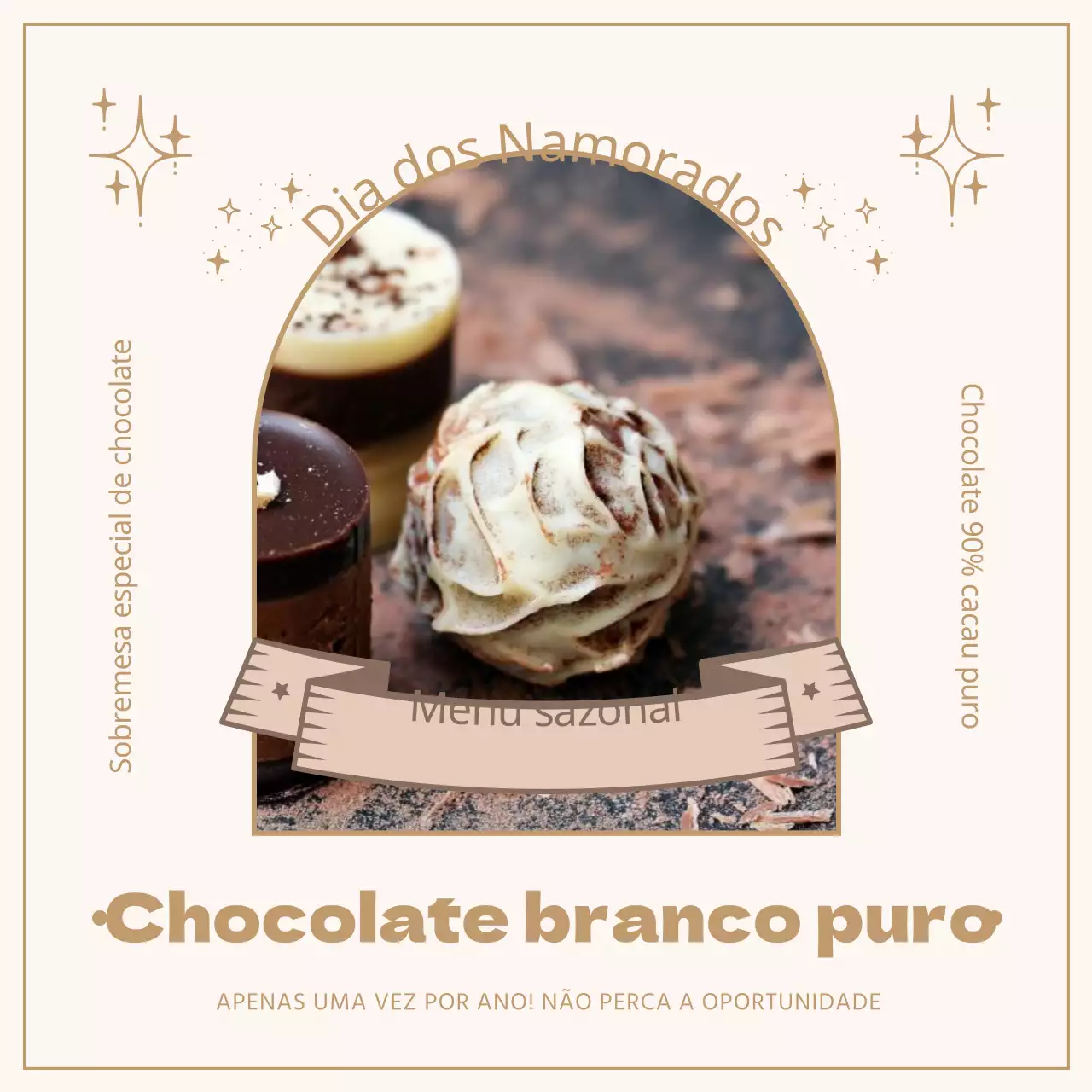 Apresentação de um menu limitado de sobremesas para o Dia dos Namorados em bege e dourado