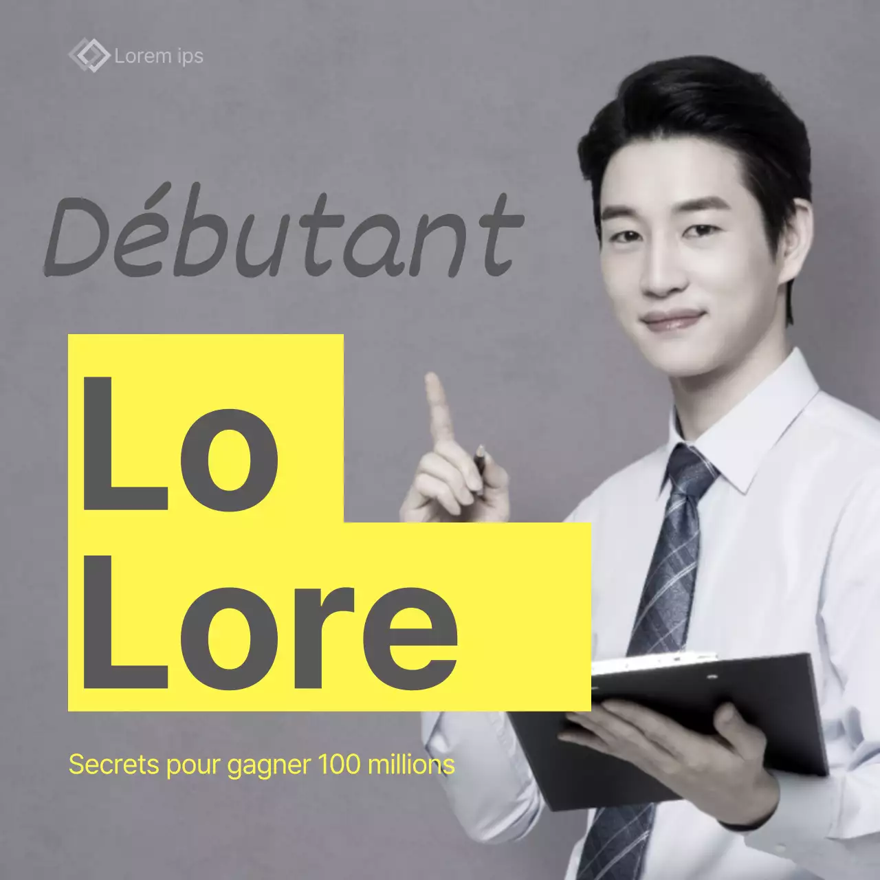 Bannière de 100 millions de boîtes jaunes avec un homme en costume sur fond gris pointant son index vers elle