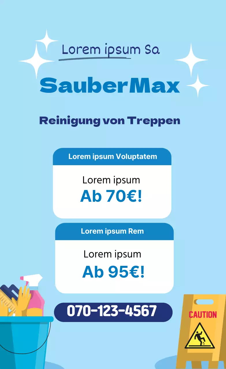 Blaue Illustration, die für einen sauberen Reinigungsdienst wirbt