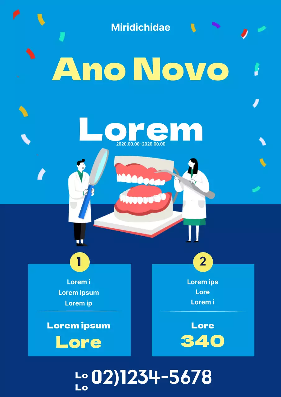 Folheto promocional de um evento dentário de Ano Novo em azul e amarelo