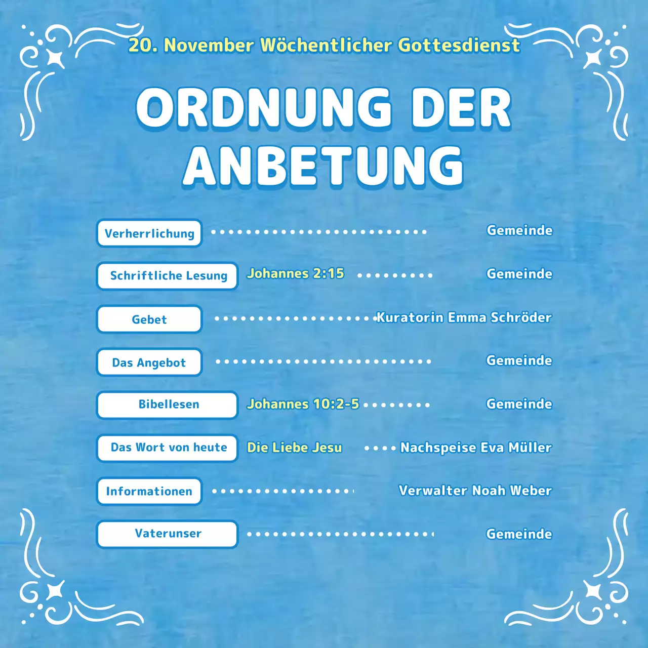 Gottesdienstbulletin in hellblauen Tönen mit christlichen Illustrationen