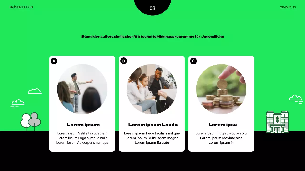 Minimalistische Präsentation zur wirtschaftlichen Bildung von Jugendlichen in Lindgrün und Schwarz